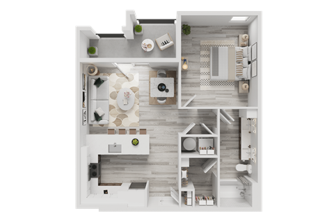 A 3D floor plan of a house with a kitchen, living room, and bathroom.